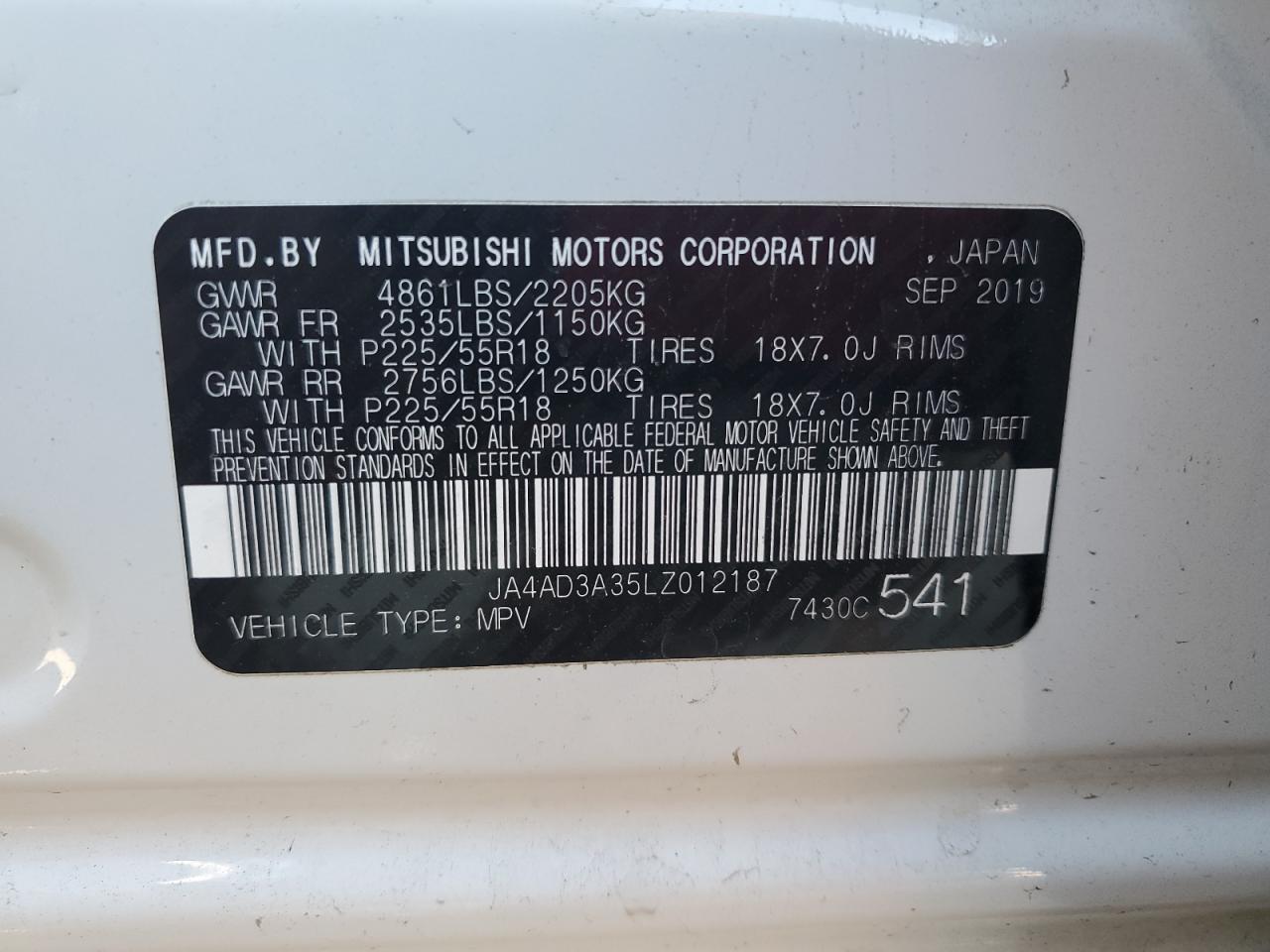 JA4AD3A35LZ012187 2020 Mitsubishi Outlander Se