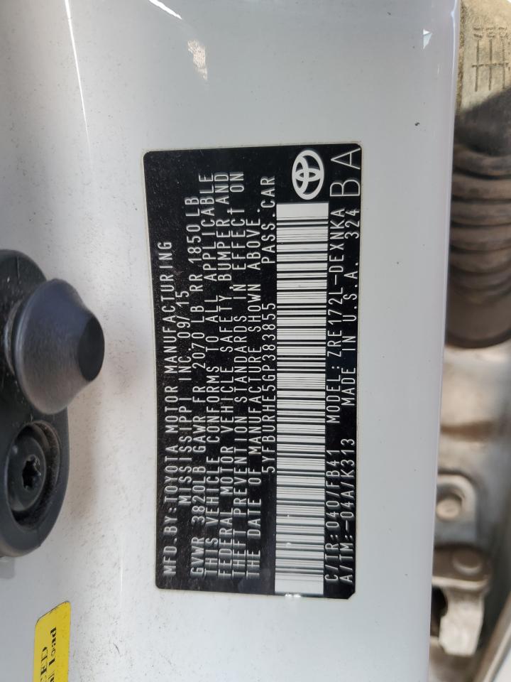 5YFBURHE5GP383855 2016 Toyota Corolla L