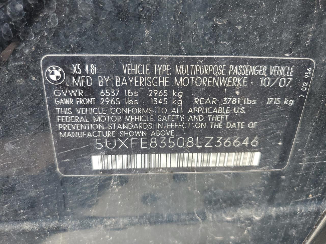 5UXFE83508LZ36646 2008 BMW X5 4.8I