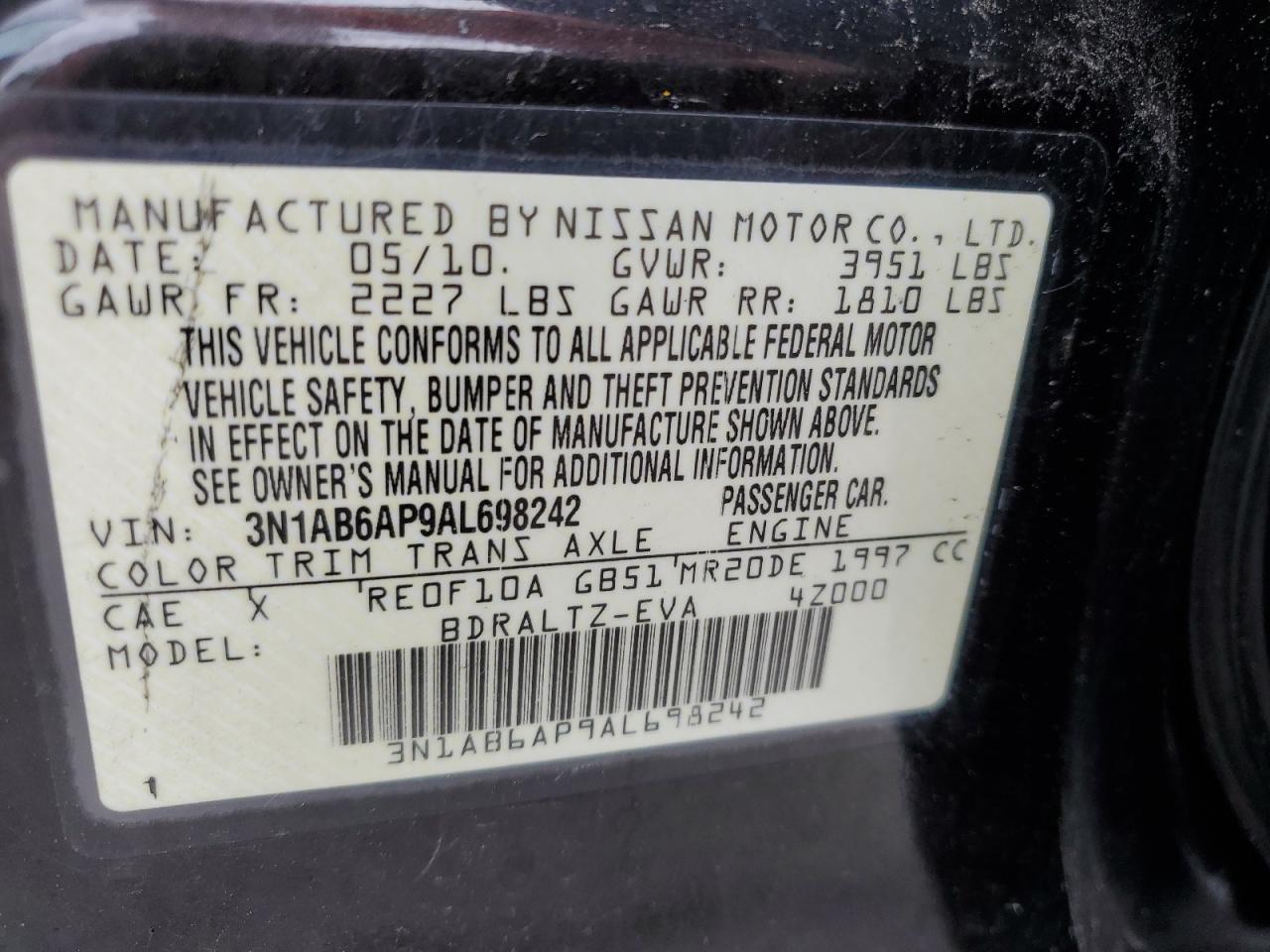 3N1AB6AP9AL698242 2010 Nissan Sentra 2.0