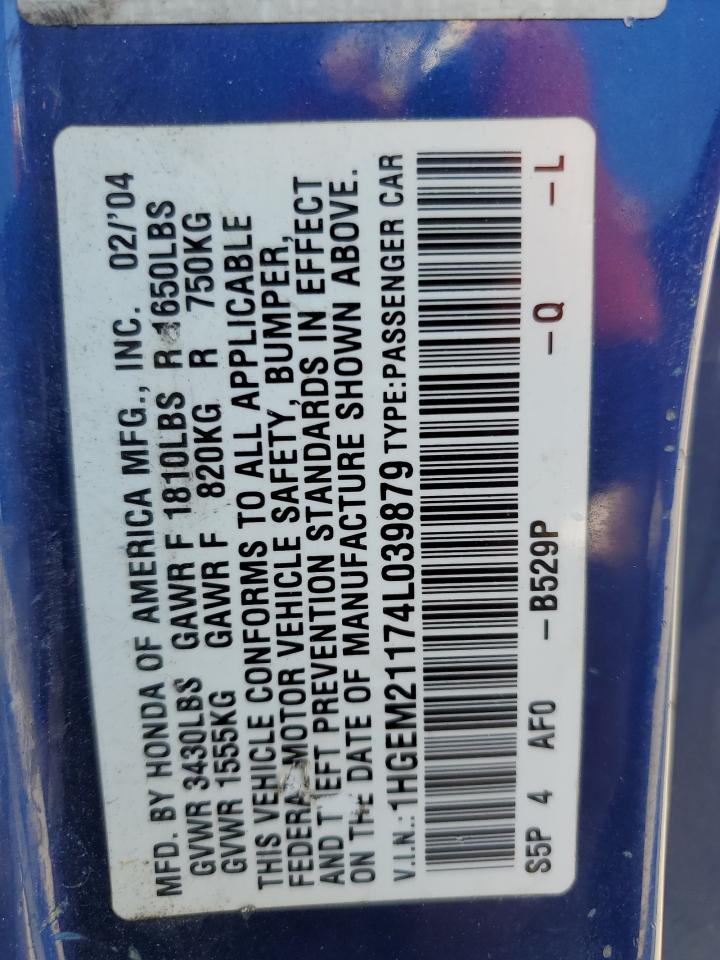 1HGEM21174L039879 2004 Honda Civic Dx Vp