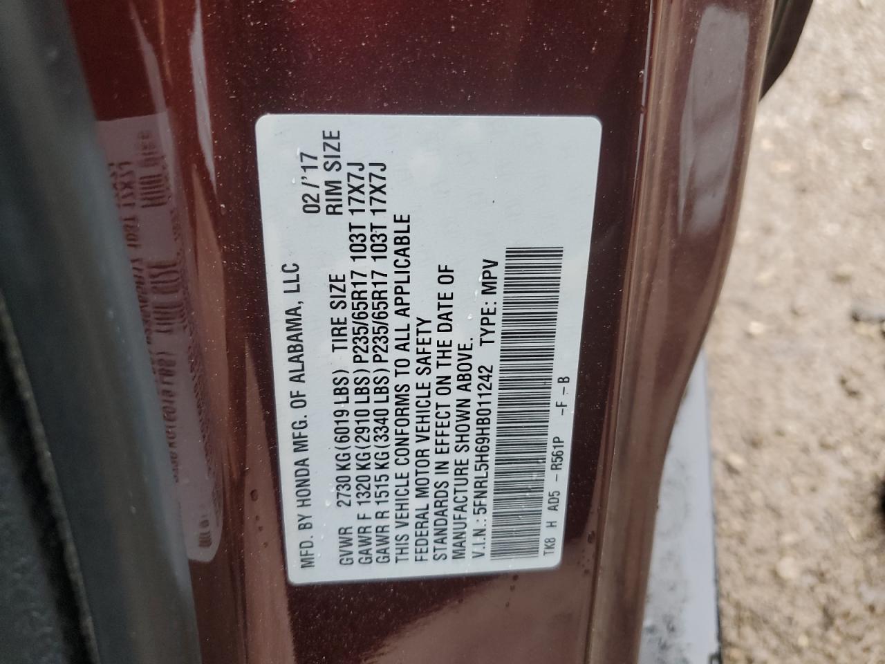 5FNRL5H69HB011242 2017 Honda Odyssey Exl