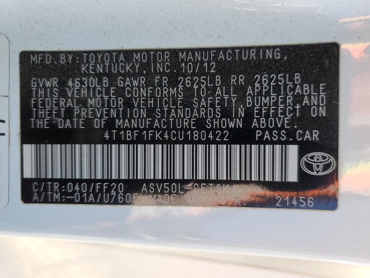 4T1BF1FK4CU180422 2012 Toyota Camry Base