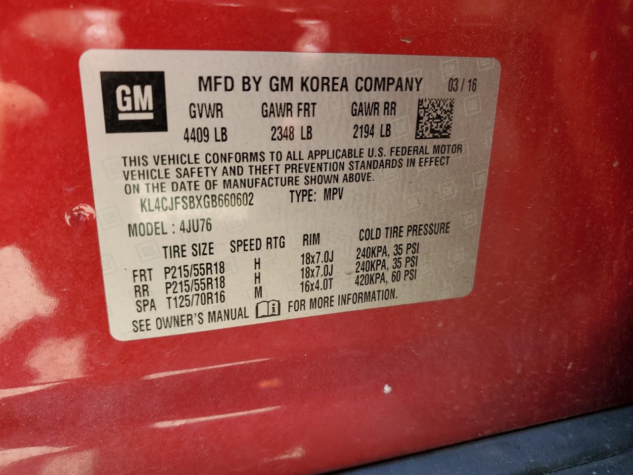 KL4CJFSBXGB660602 2016 Buick Encore Convenience