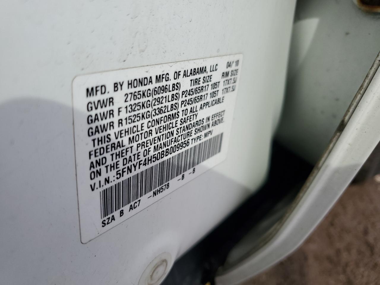 5FNYF4H50BB009956 2011 Honda Pilot Exl