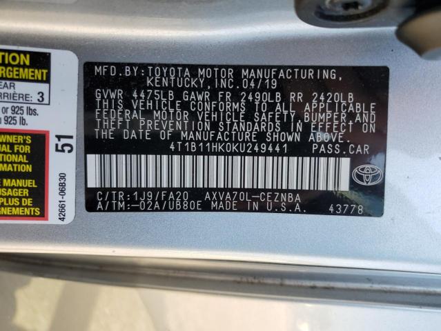 2019 TOYOTA CAMRY L/LE 4T1B11HK0KU249441
