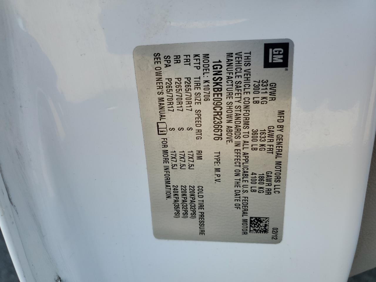 1GNSKBE09CR236676 2012 Chevrolet Tahoe K1500 Lt