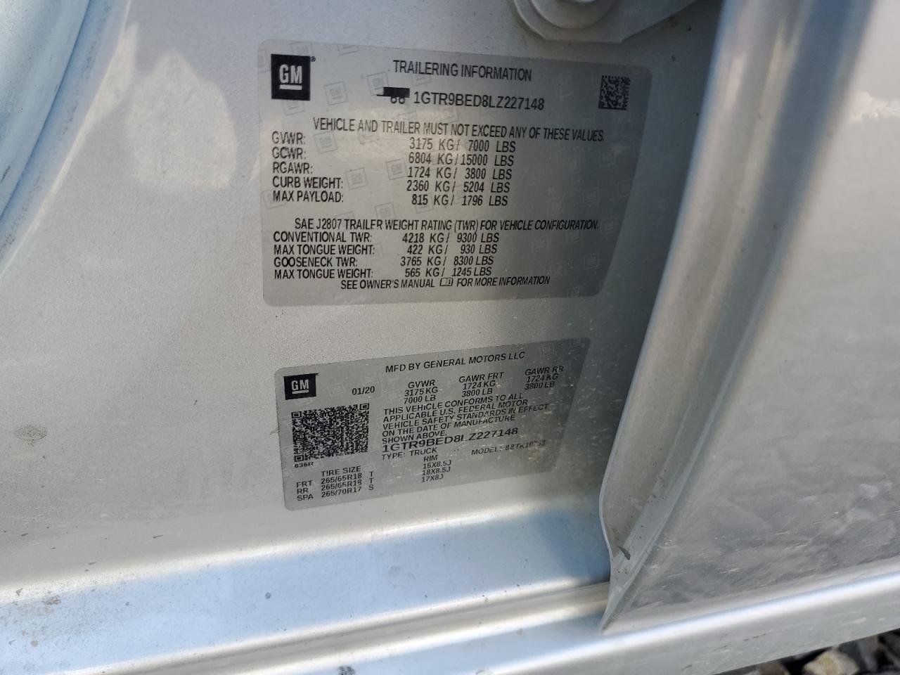 1GTR9BED8LZ227148 2020 GMC Sierra K1500 Sle