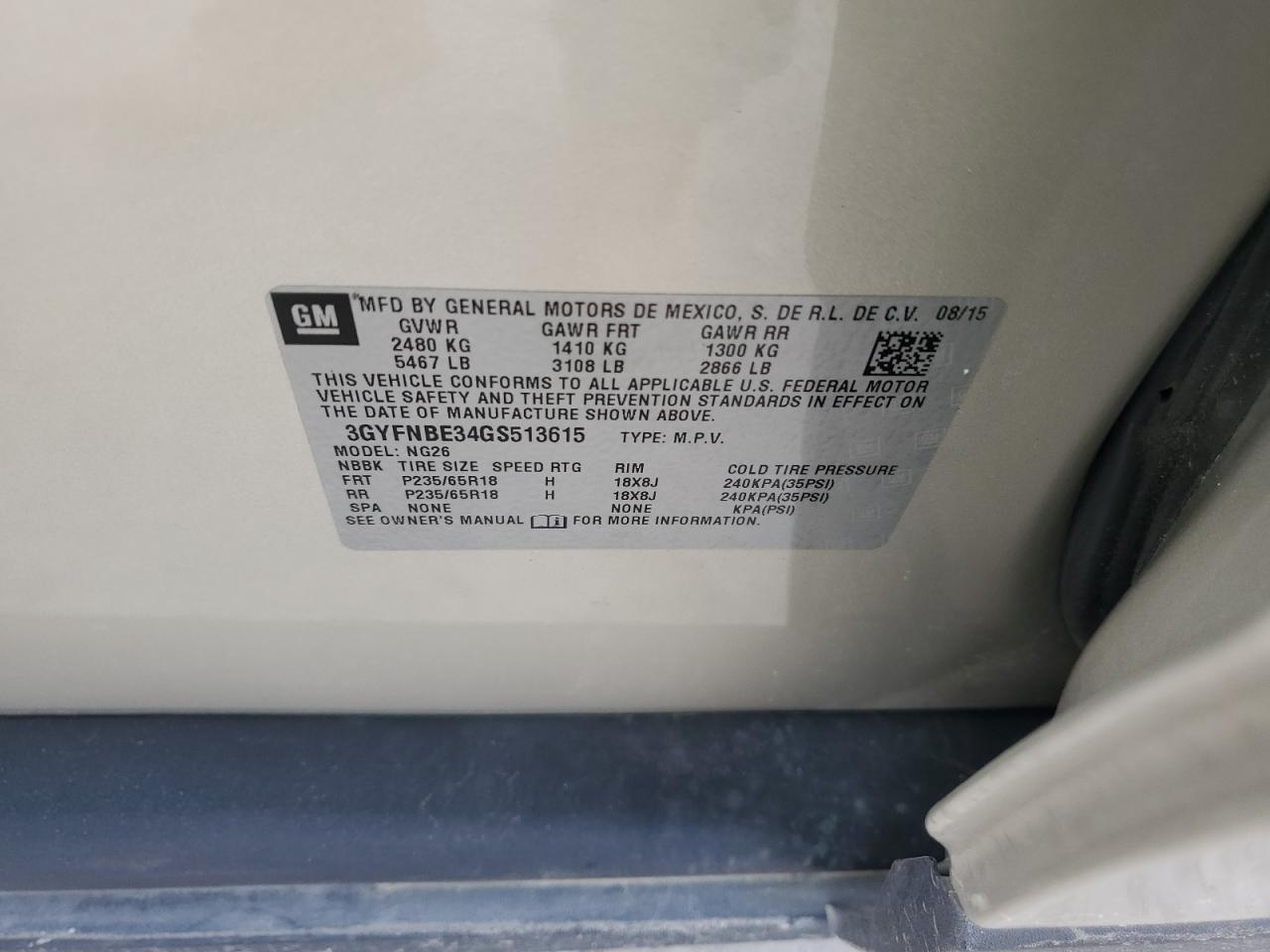 3GYFNBE34GS513615 2016 Cadillac Srx Luxury Collection