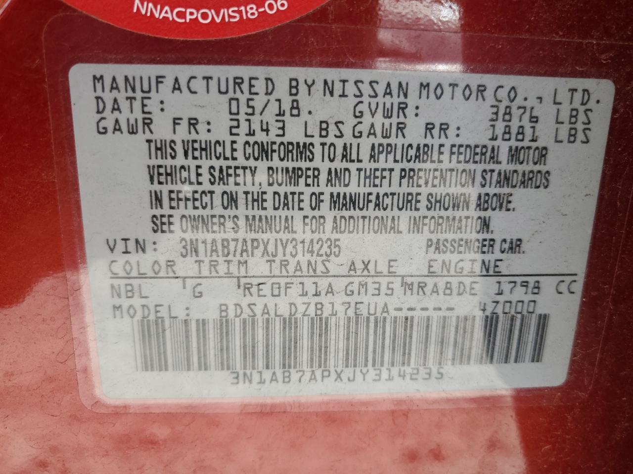 3N1AB7APXJY314235 2018 Nissan Sentra S