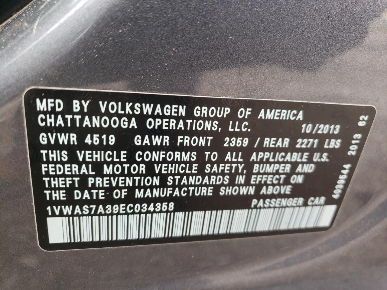 1VWAS7A39EC034358 2014 Volkswagen Passat S