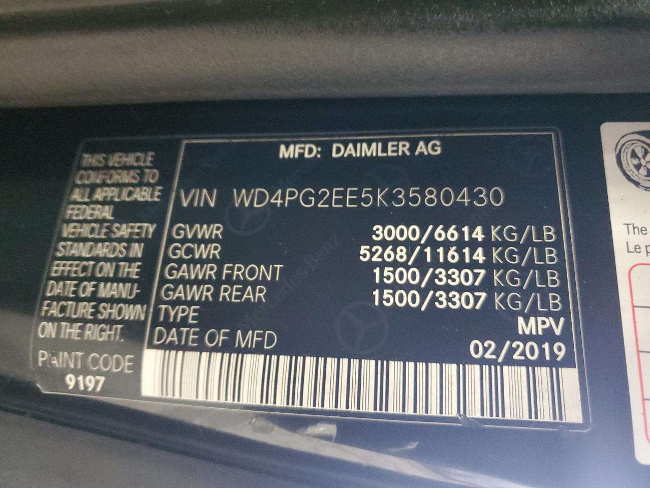 WD4PG2EE5K3580430 2019 Mercedes-Benz Metris