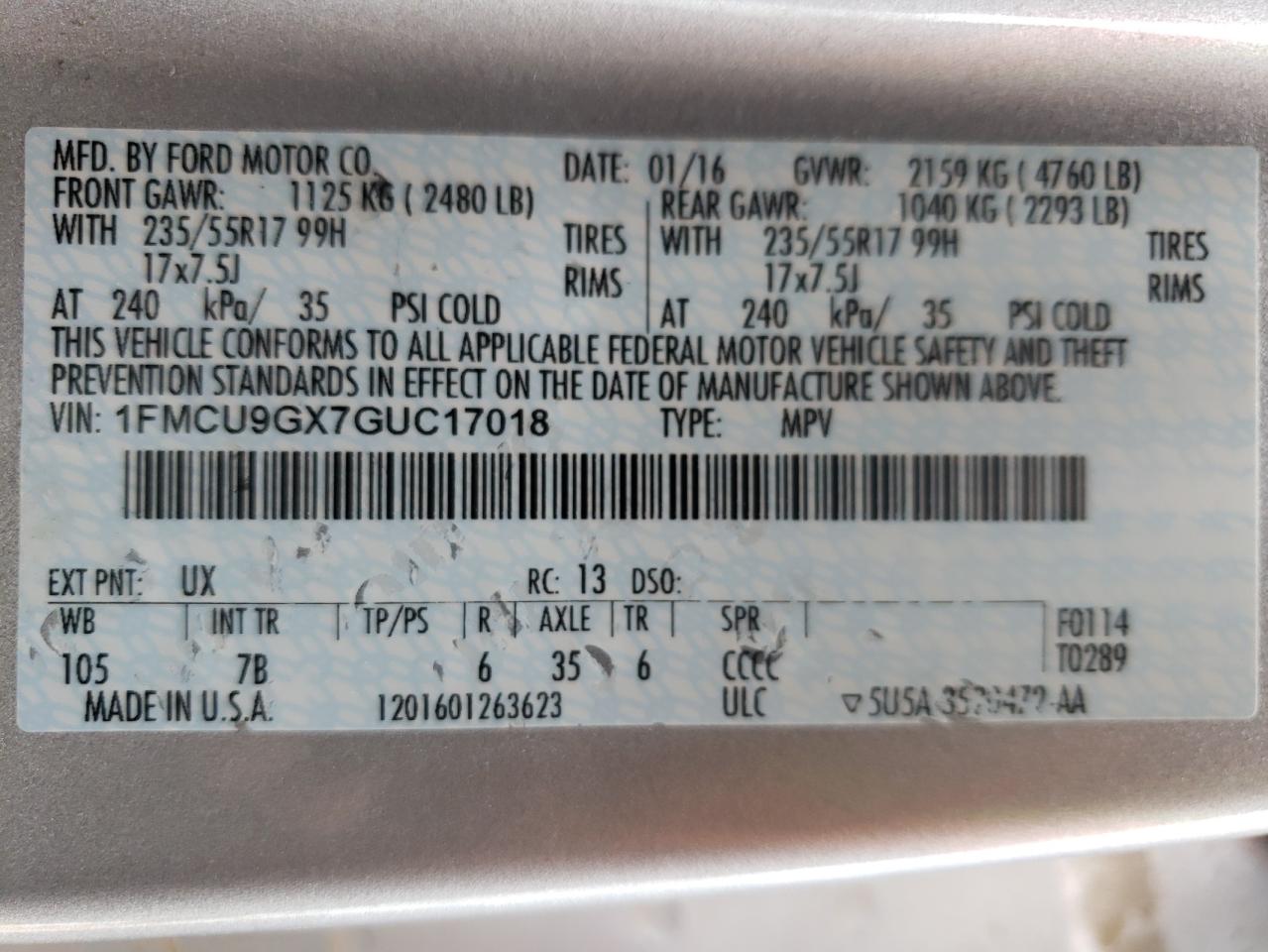 1FMCU9GX7GUC17018 2016 Ford Escape Se