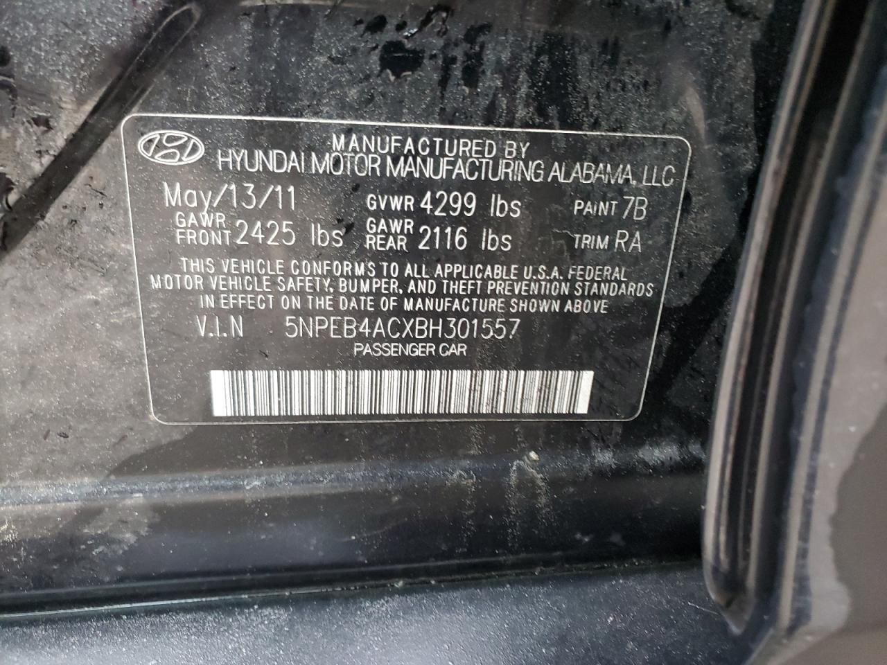 5NPEB4ACXBH301557 2011 Hyundai Sonata Gls