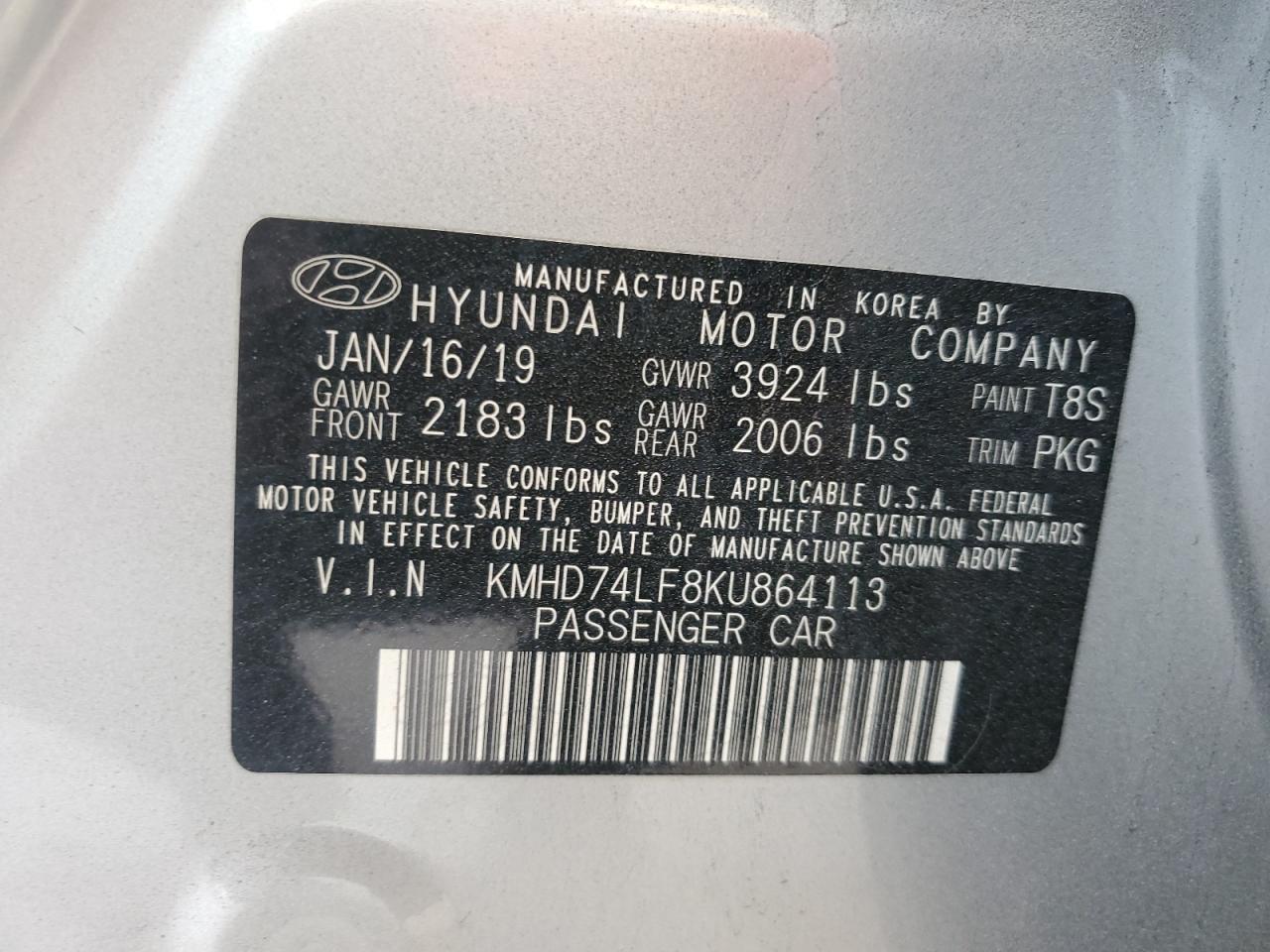 KMHD74LF8KU864113 2019 Hyundai Elantra Se