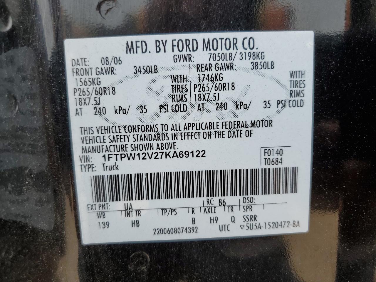 1FTPW12V27KA69122 2007 Ford F150 Supercrew