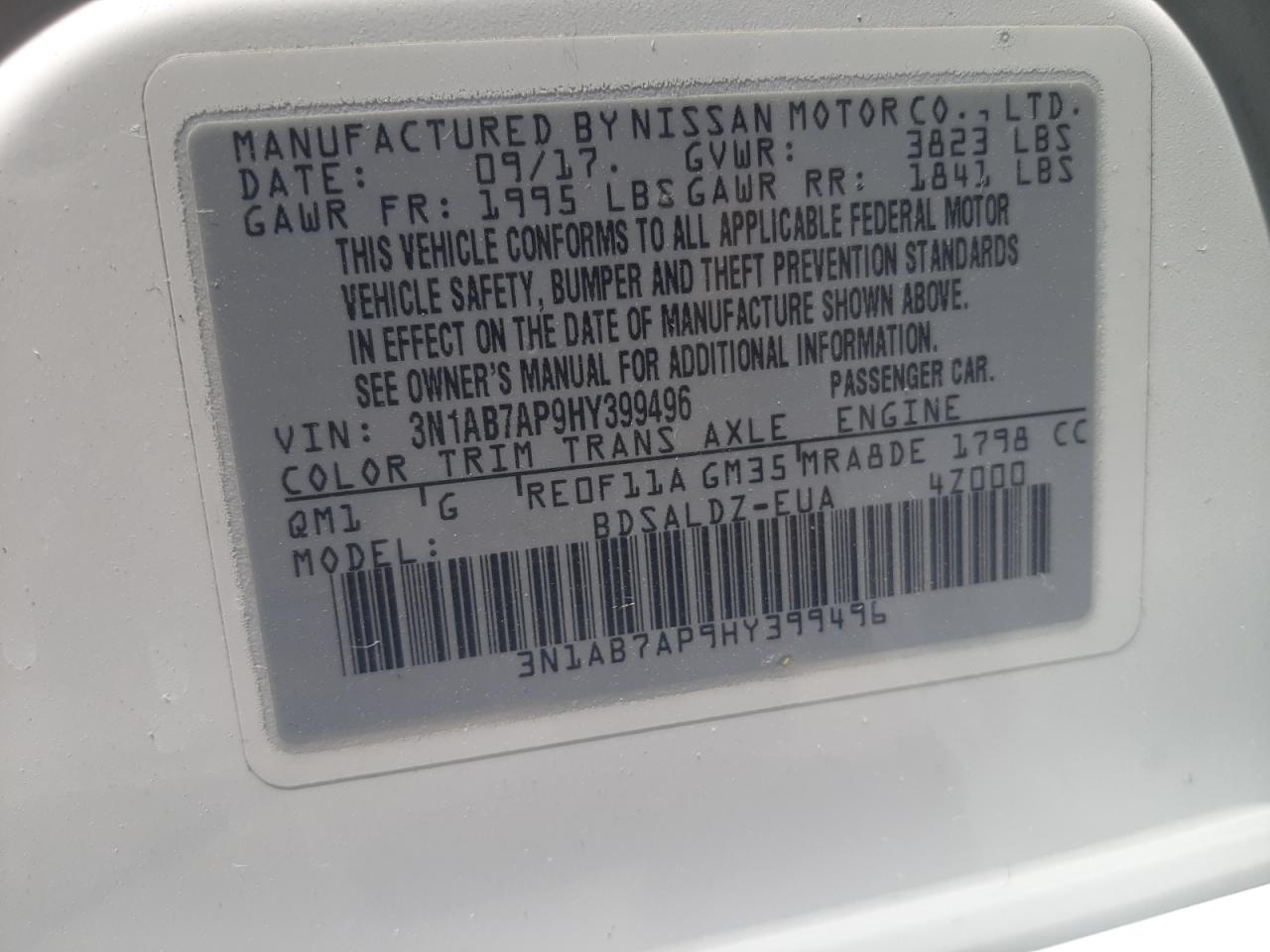 3N1AB7AP9HY399496 2017 Nissan Sentra S