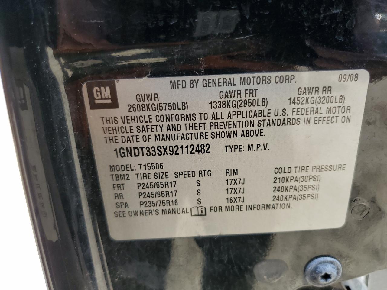 1GNDT33SX92112482 2009 Chevrolet Trailblazer Lt
