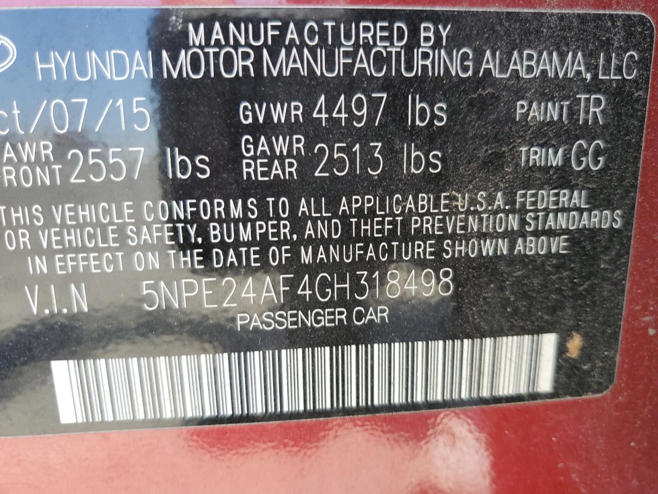 5NPE24AF4GH318498 2016 Hyundai Sonata Se