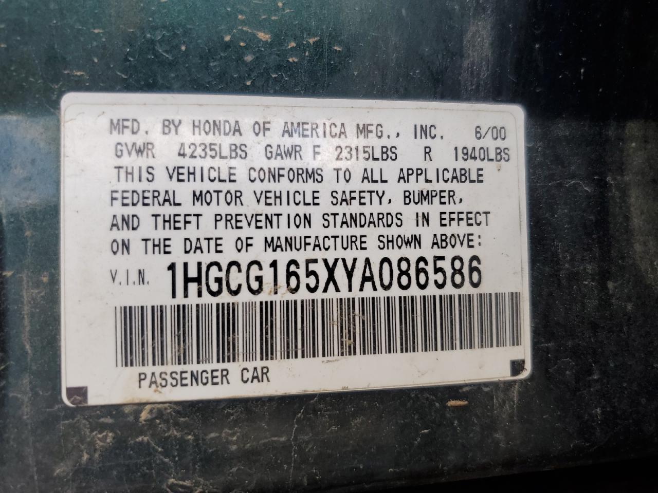 1HGCG165XYA086586 2000 Honda Accord Ex