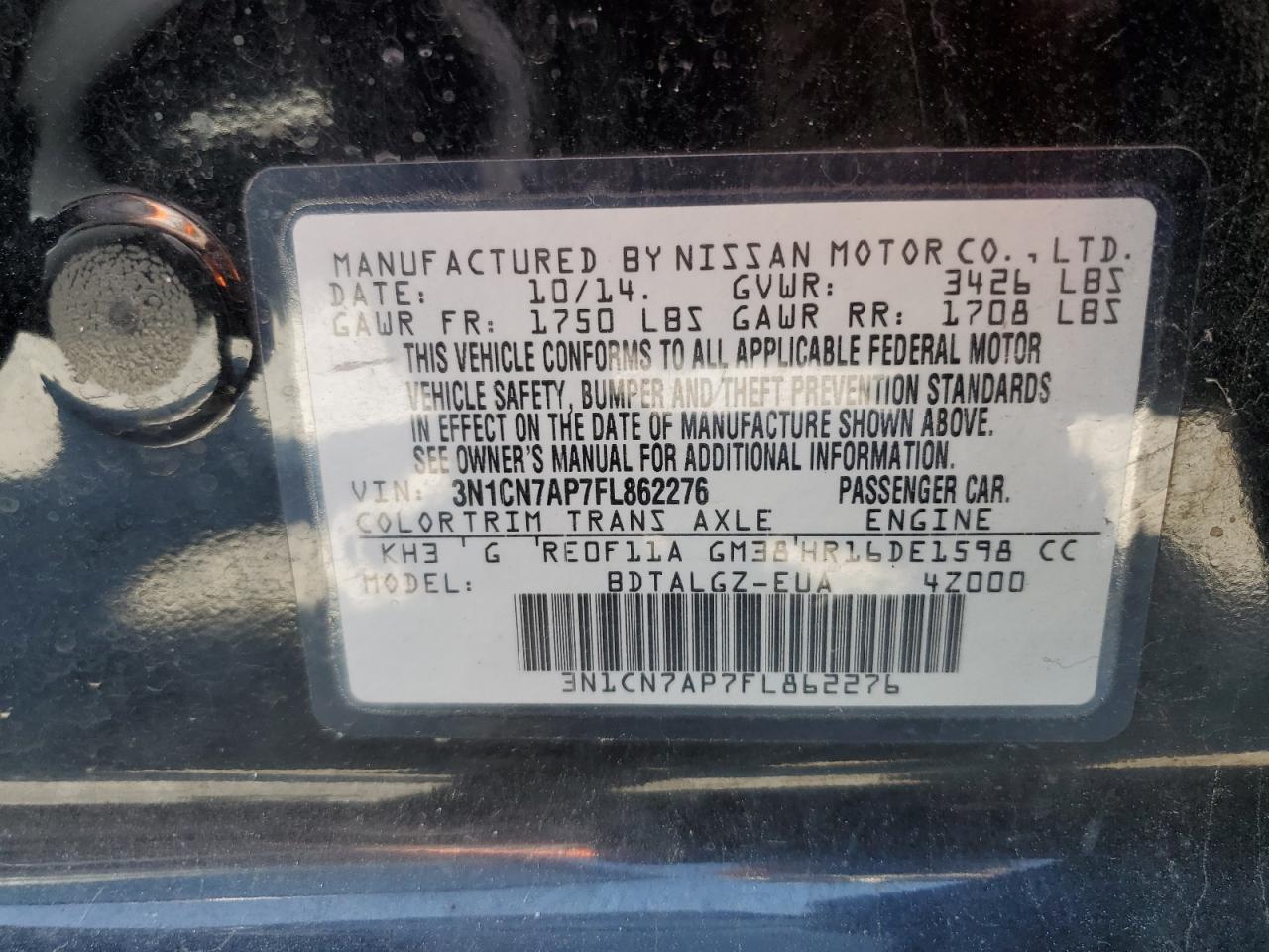 3N1CN7AP7FL862276 2015 Nissan Versa S