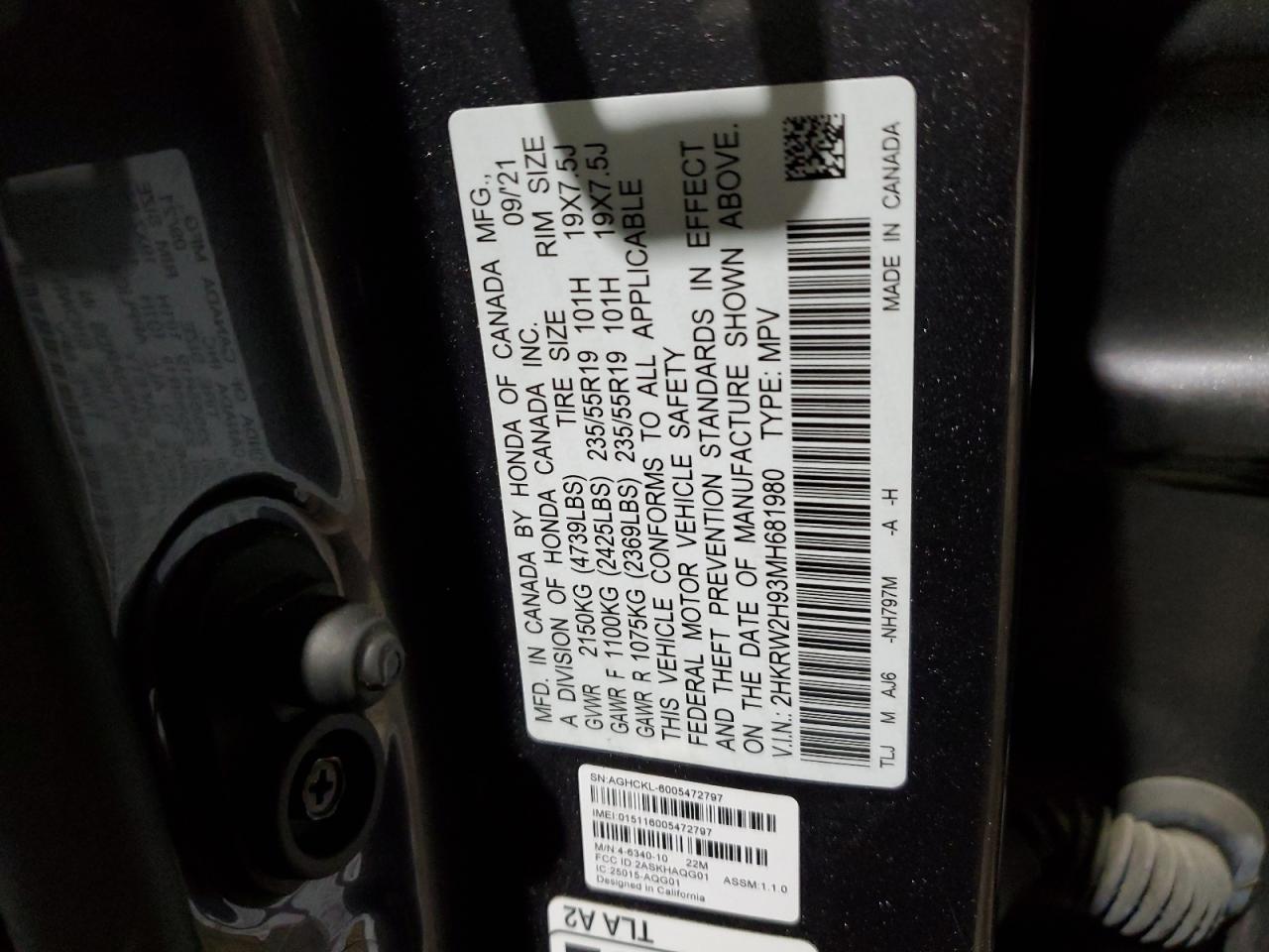 2HKRW2H93MH681980 2021 Honda Cr-V Touring