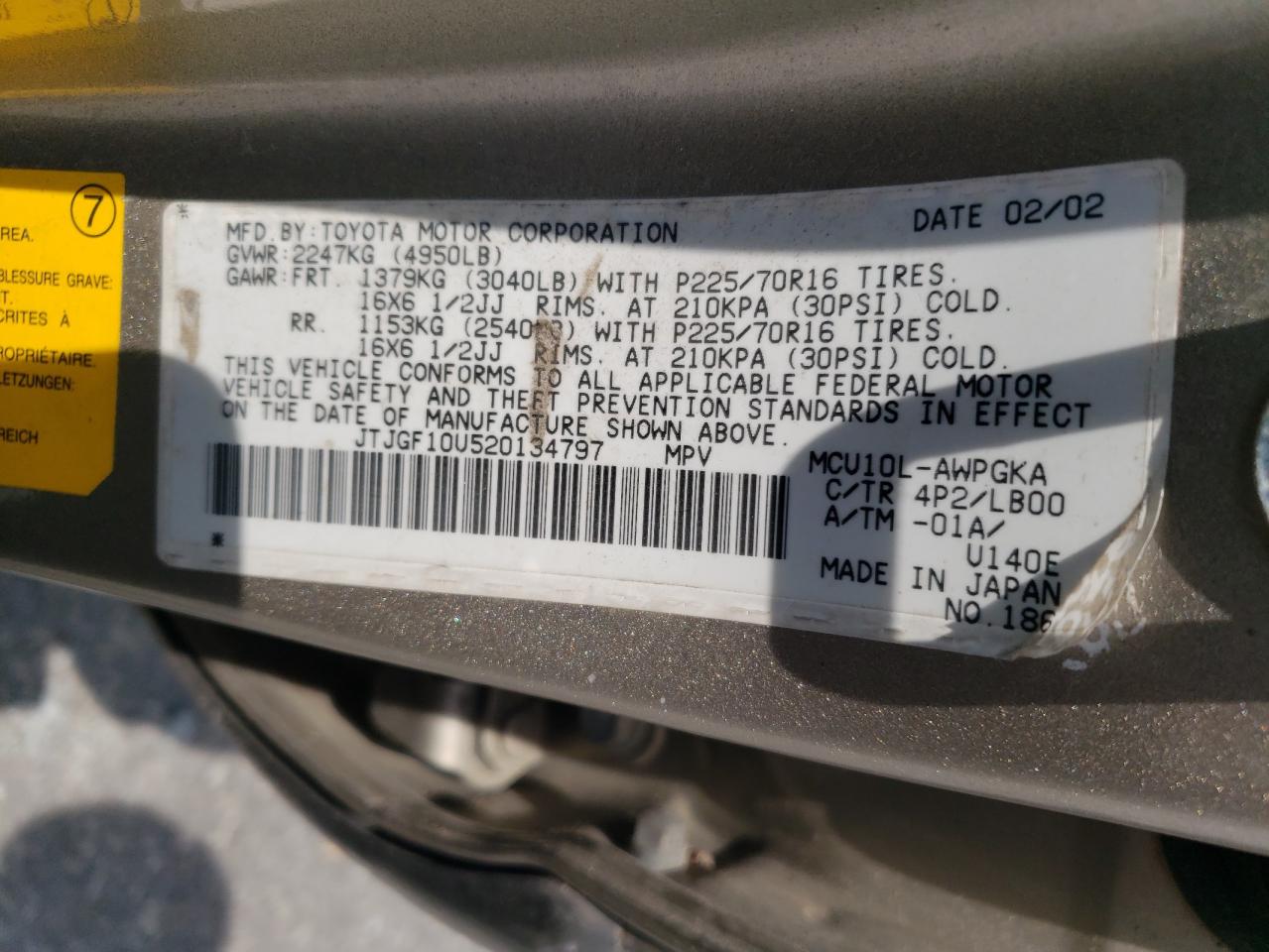 JTJGF10U520134797 2002 Lexus Rx 300