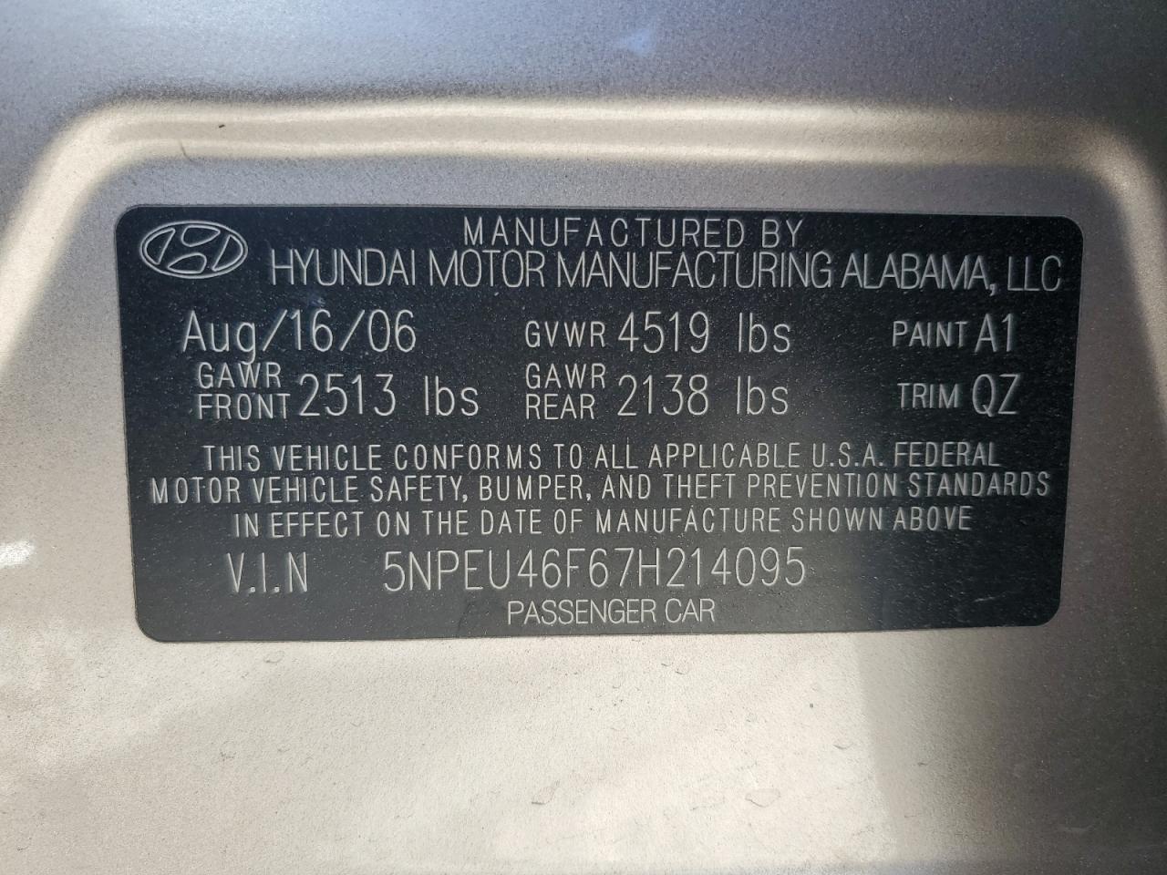 5NPEU46F67H214095 2007 Hyundai Sonata Se
