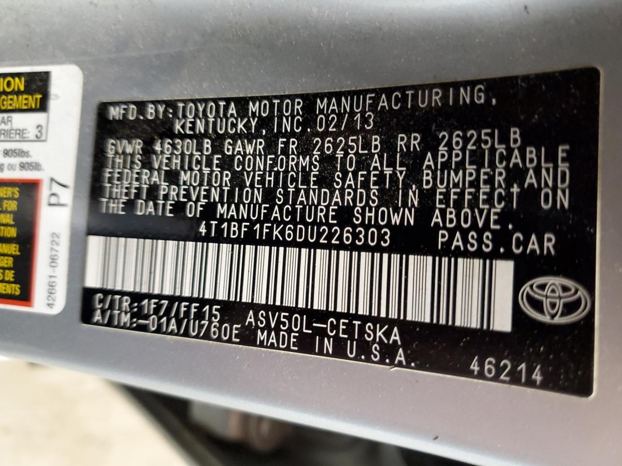 4T1BF1FK6DU226303 2013 Toyota Camry L