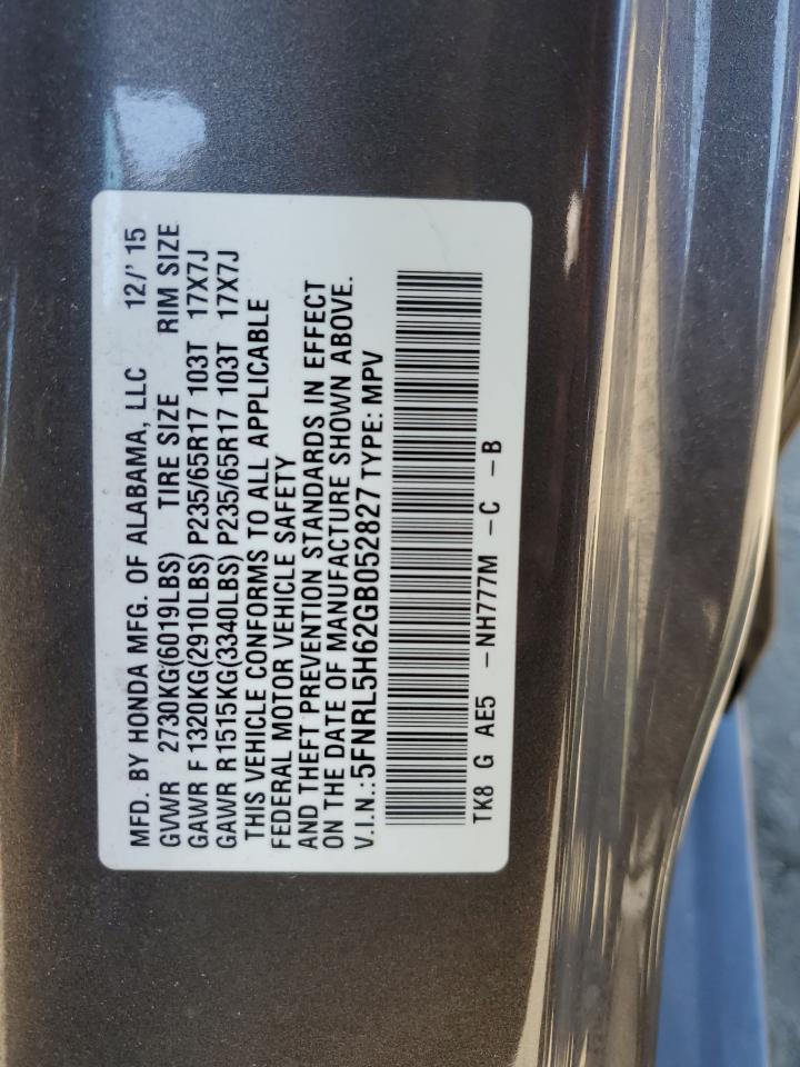 5FNRL5H62GB052827 2016 Honda Odyssey Exl