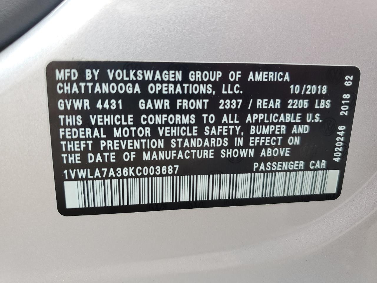 2019 Volkswagen Passat Wolfsburg vin: 1VWLA7A36KC003687