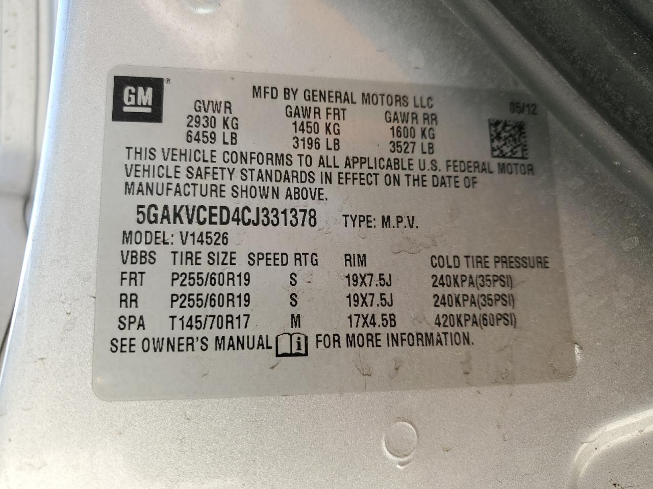 5GAKVCED4CJ331378 2012 Buick Enclave