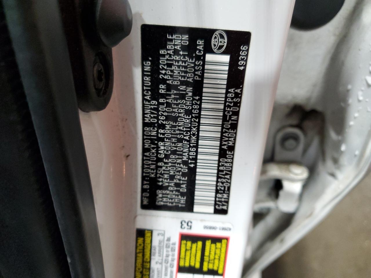 4T1B61HK3KU216824 2019 Toyota Camry Xse