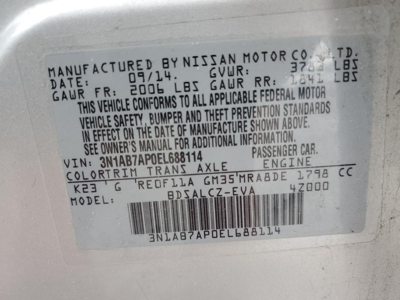 3N1AB7AP0EL688114 2014 Nissan Sentra S