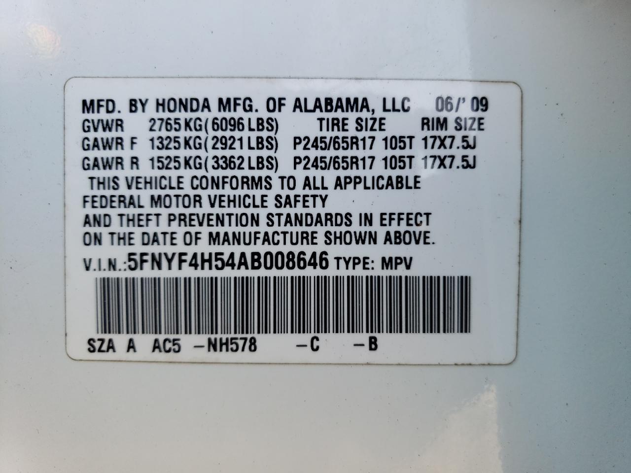 5FNYF4H54AB008646 2010 Honda Pilot Exl