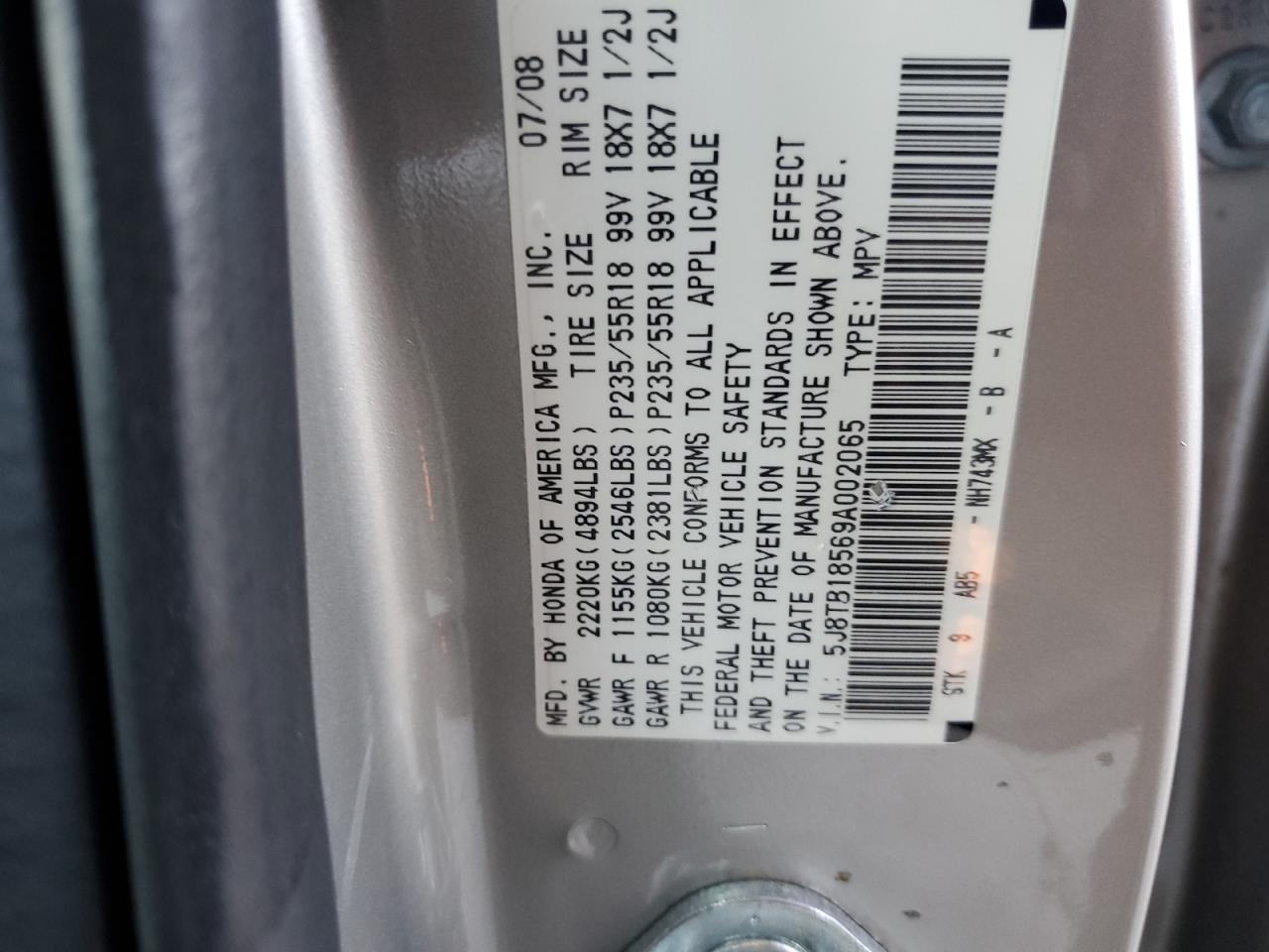 5J8TB18569A002065 2009 Acura Rdx Technology