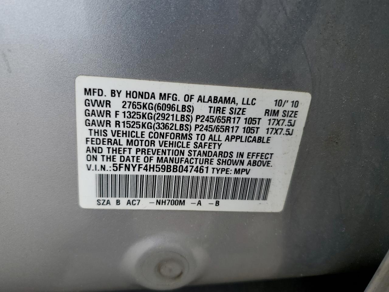 5FNYF4H59BB047461 2011 Honda Pilot Exl