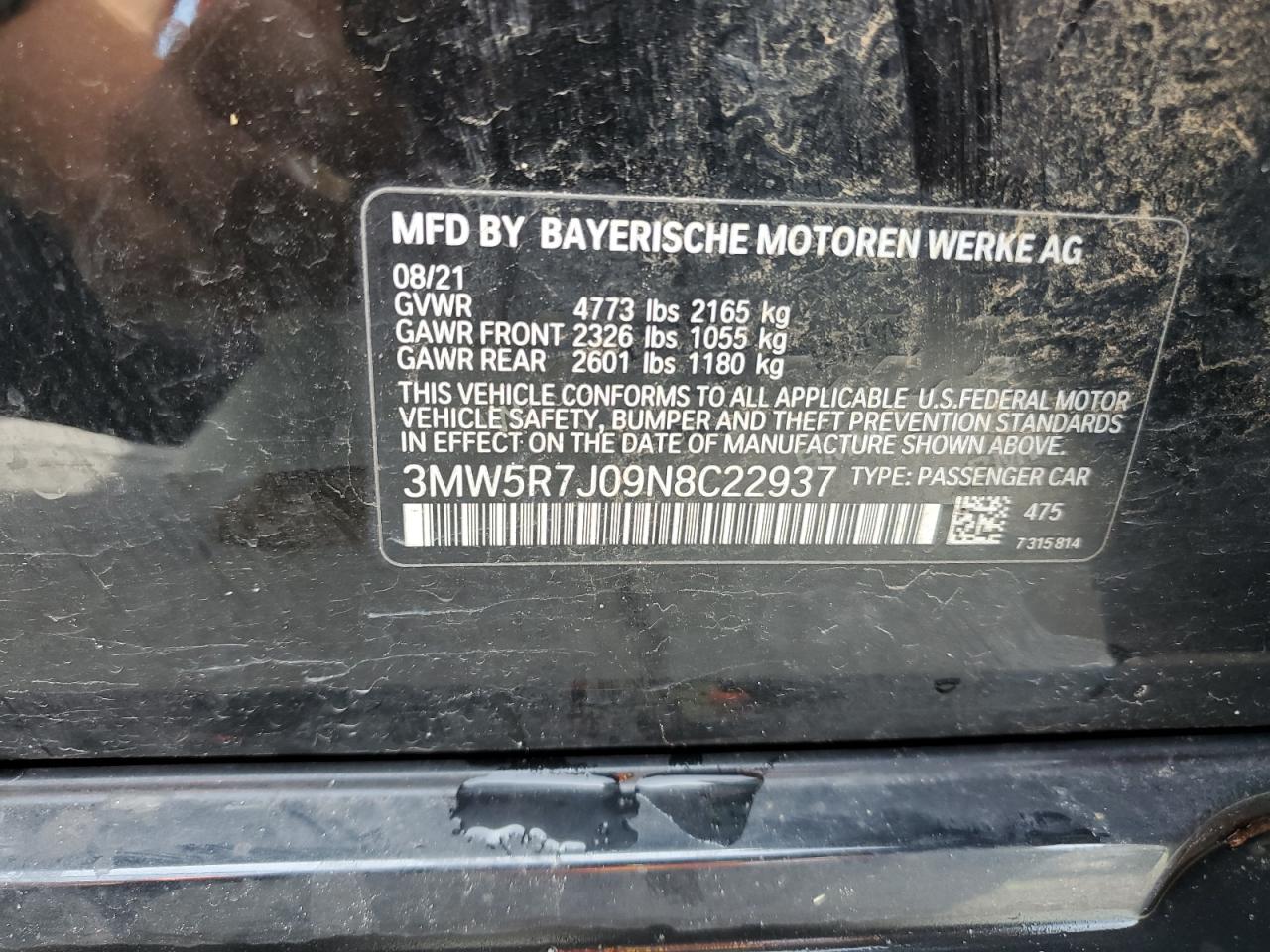 3MW5R7J09N8C22937 2022 BMW 330Xi