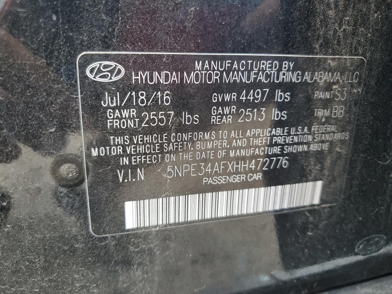 5NPE34AFXHH472776 2017 Hyundai Sonata Sport