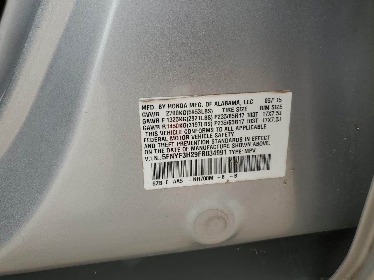 5FNYF3H29FB034991 2015 Honda Pilot Lx