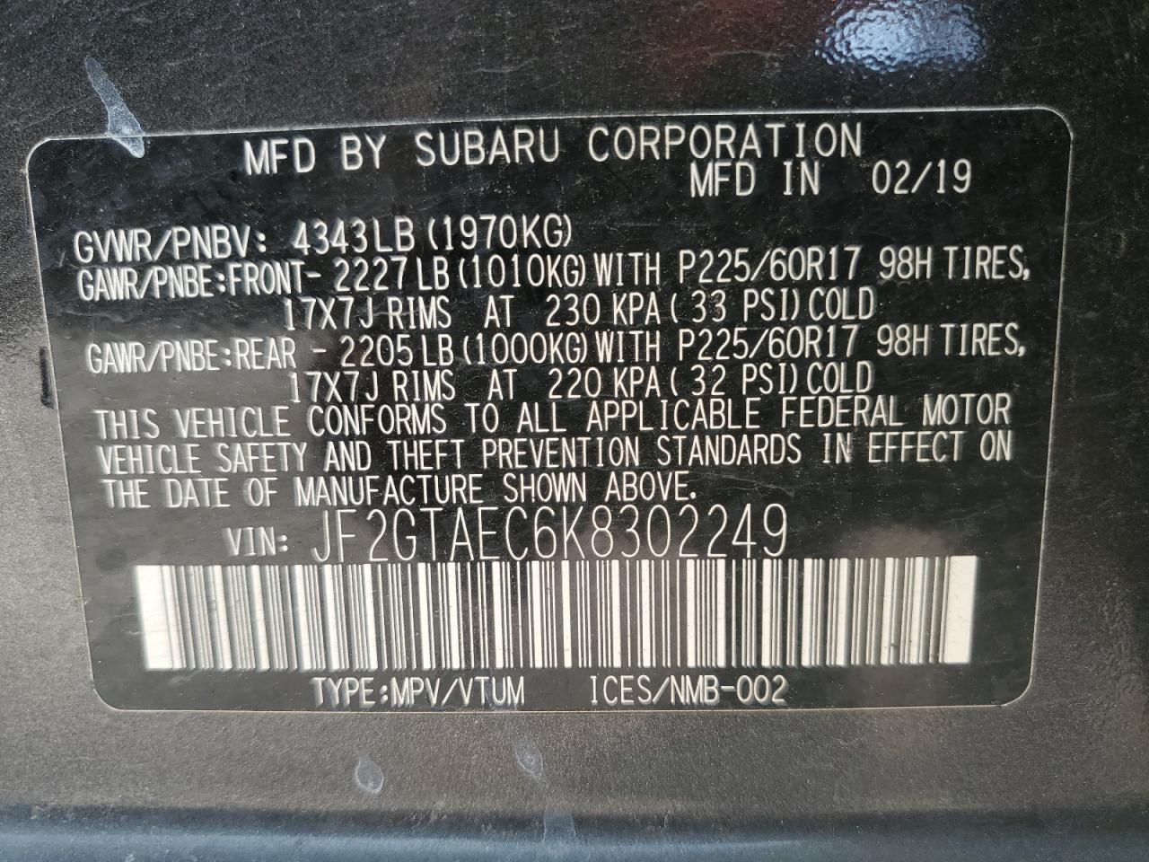 JF2GTAEC6K8302249 2019 Subaru Crosstrek Premium