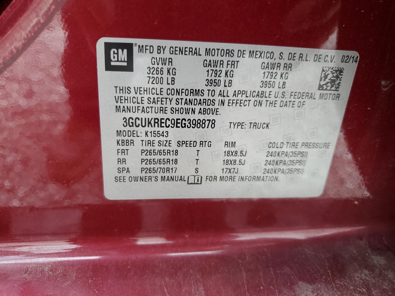 3GCUKREC9EG398878 2014 Chevrolet Silverado K1500 Lt