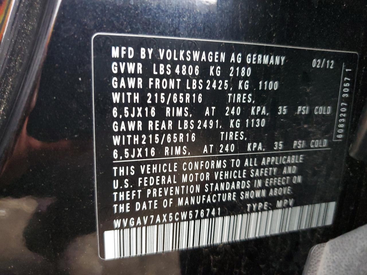 WVGAV7AX5CW576741 2012 Volkswagen Tiguan S