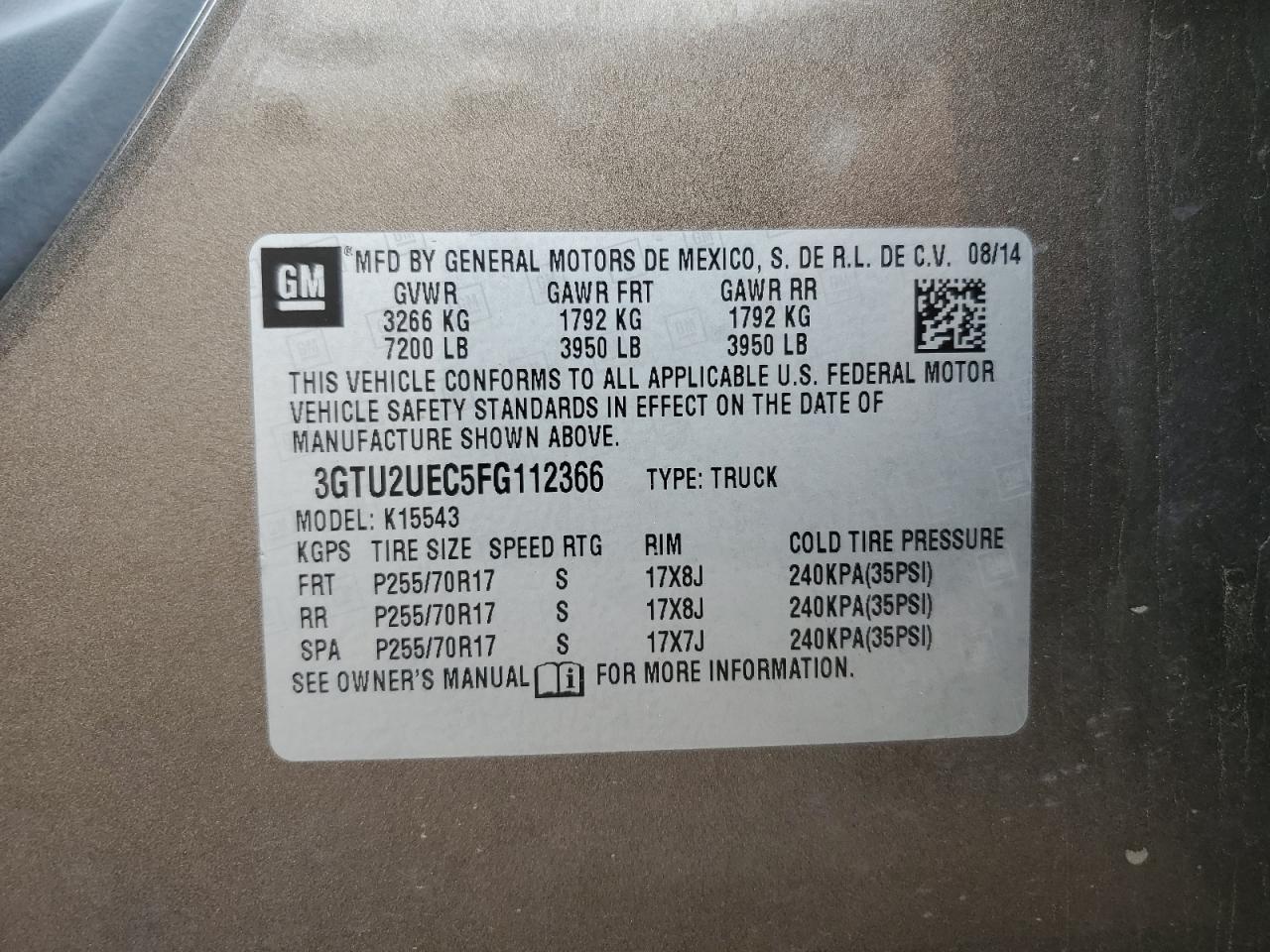 3GTU2UEC5FG112366 2015 GMC Sierra K1500 Sle