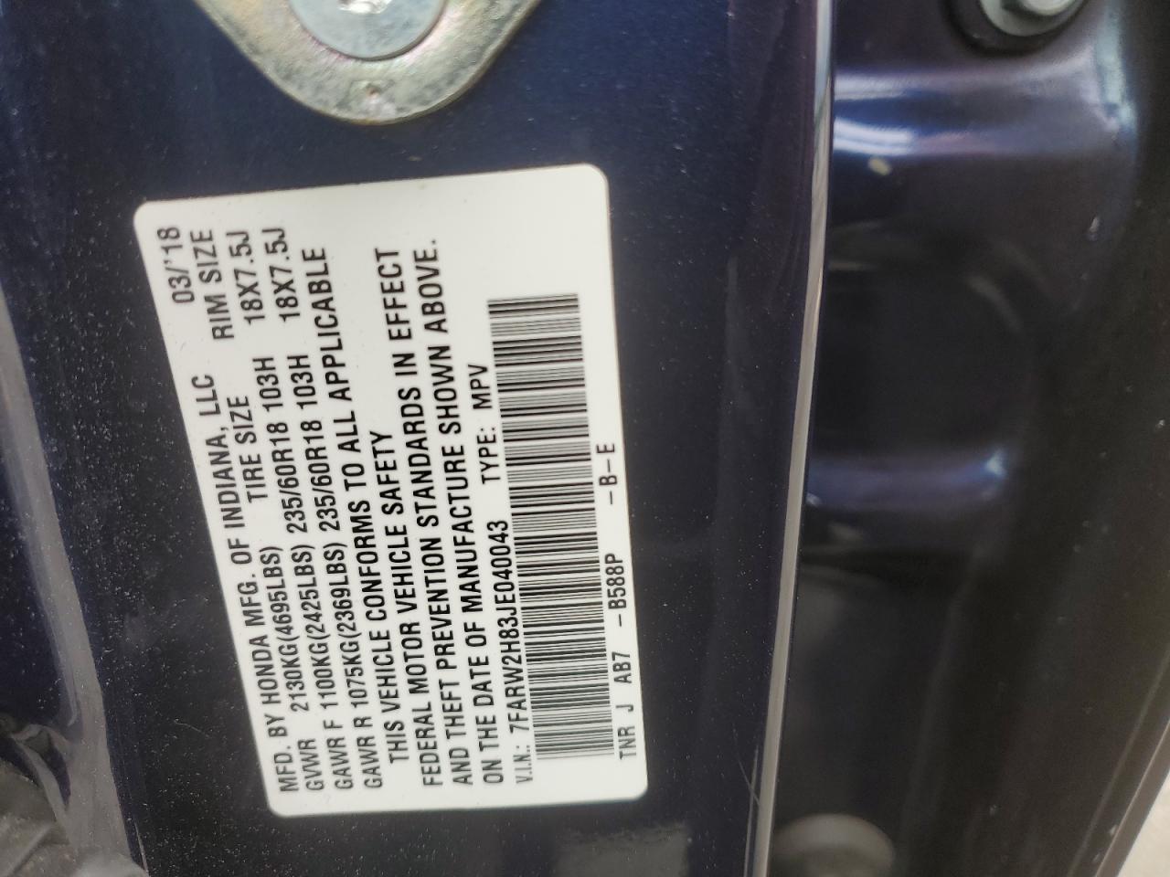 7FARW2H83JE040043 2018 Honda Cr-V Exl