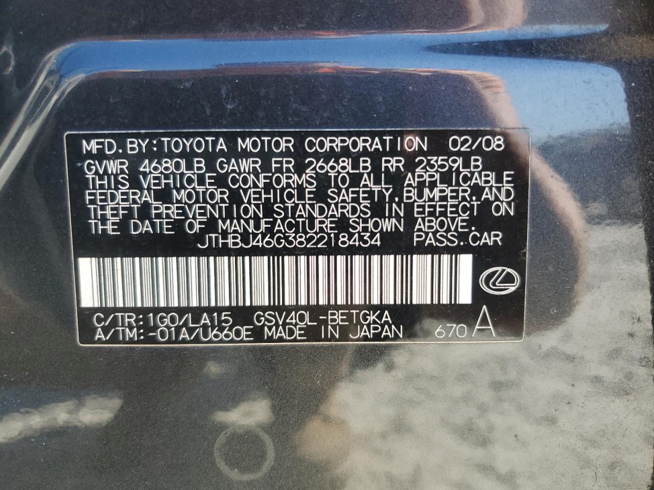 JTHBJ46G382218434 2008 Lexus Es 350