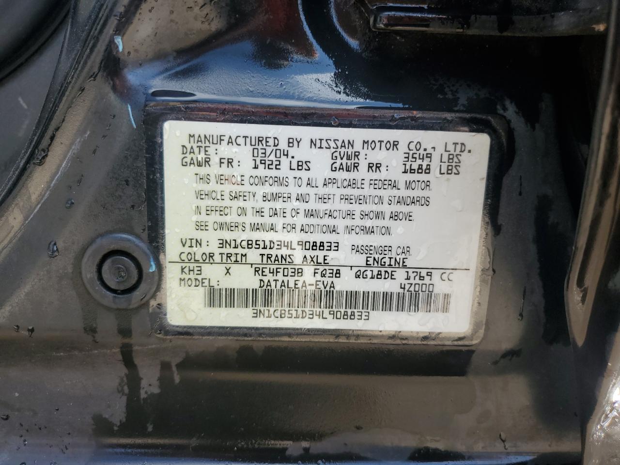 3N1CB51D34L908833 2004 Nissan Sentra 1.8