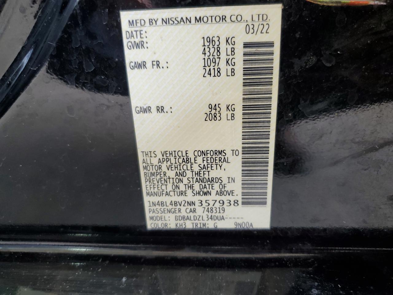 1N4BL4BV2NN357938 2022 Nissan Altima S