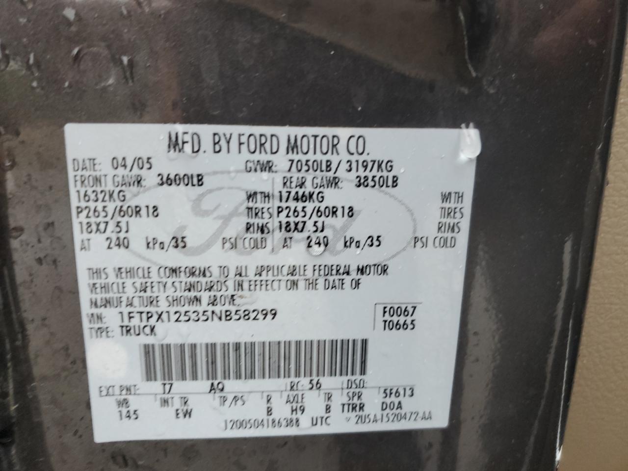 1FTPX12535NB58299 2005 Ford F150