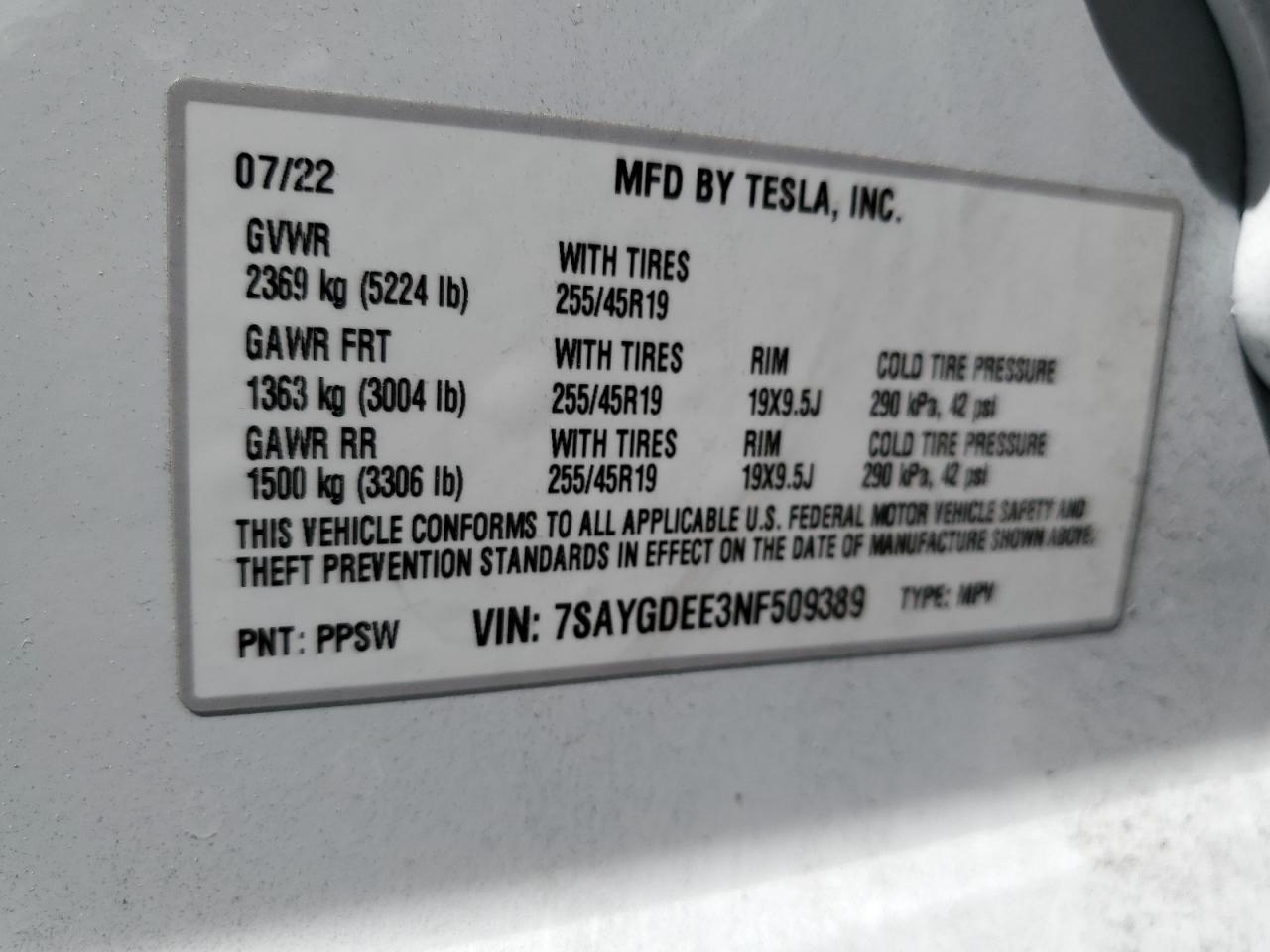 7SAYGDEE3NF509389 2022 Tesla Model Y